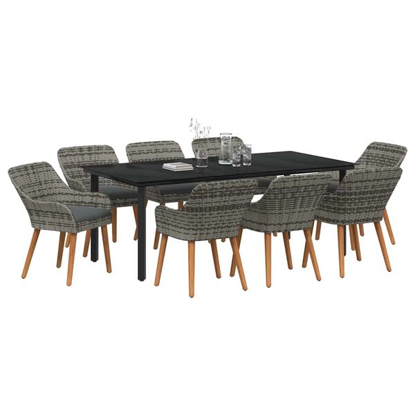vidaXL Garden Dining Set with Cushion 9 pcs Grey Poly Rattan