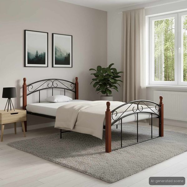vidaXL Bed Frame without Mattress Black Metal&Solid Oak Wood 120x200 cm