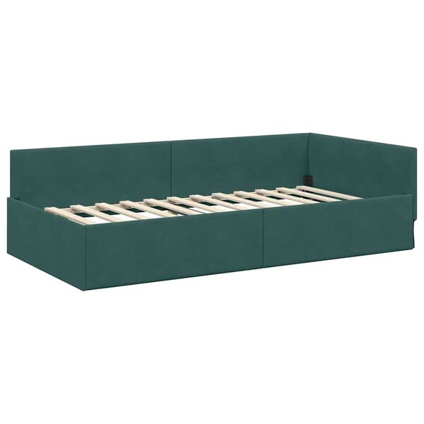 vidaXL Corner Bed Frame Dark Green 100 cm x 200 cm Velvet