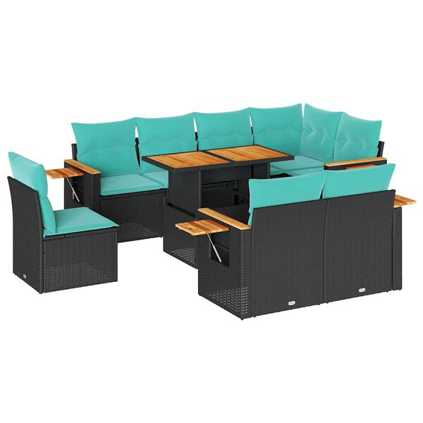 vidaXL 9 Piece Garden Sofa Set with Cushions Black Poly Rattan Acacia