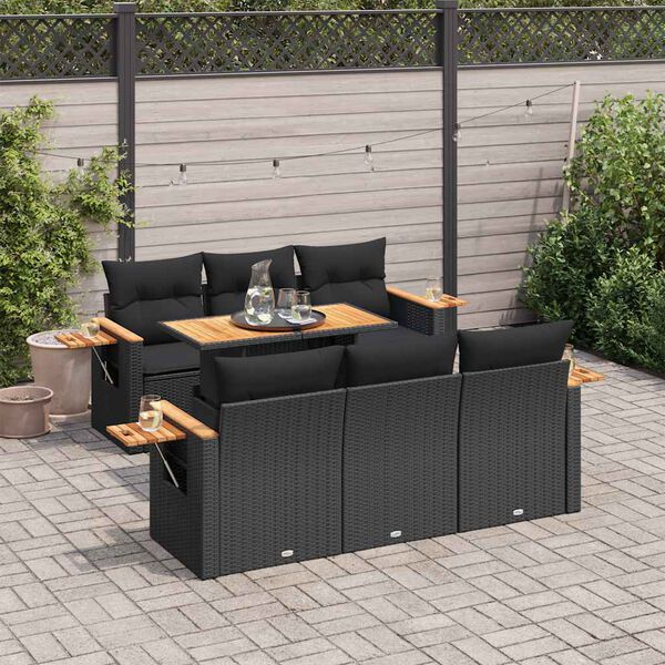 vidaXL 7 Piece Garden Sofa Set with Cushions Black Poly Rattan Acacia