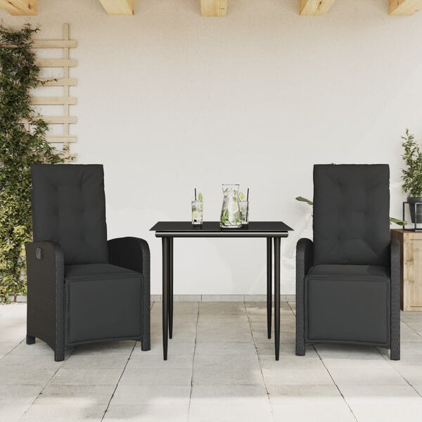 vidaXL 3 Piece Bistro Set with Cushions Black Poly Rattan