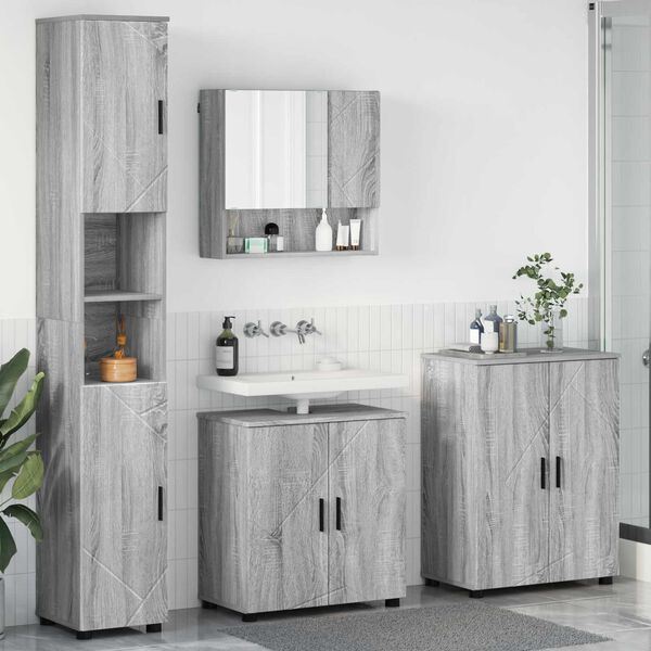 vidaXL Bathroom Furniture Set Wall-mounted with Door 4 pcs Grey Sonoma