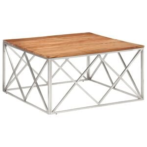 vidaXL Coffee Table Silver Stainless Steel and Solid Acacia Wood