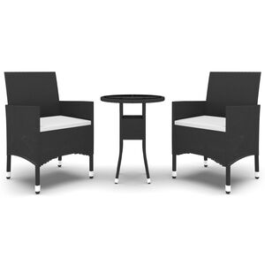 vidaXL 3 Piece Garden Bistro Set Poly Rattan and Tempered Glass Black