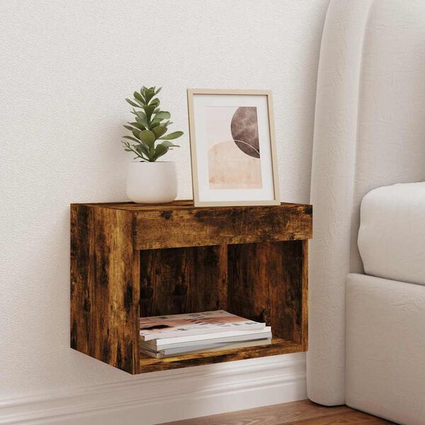 vidaXL Bedside Cabinet with LED Lights Wall-mounted Smoked Oak