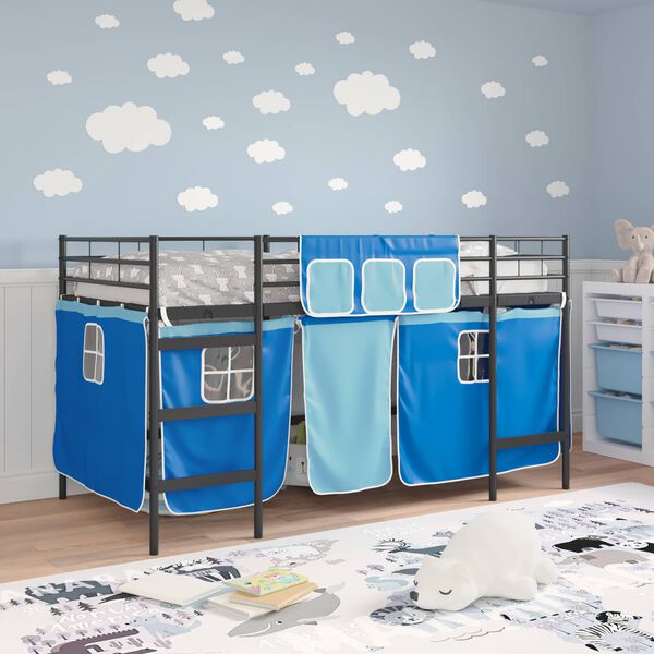 vidaXL Kids'Loft Bed Frame with Curtains Black and Blue 107 x 201 cm