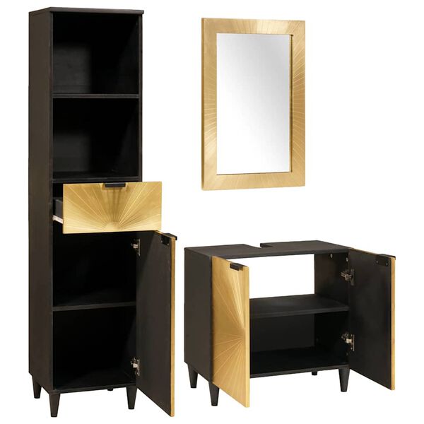 vidaXL Bathroom Cabinet Set 3 pcs Black and Gold Solid Mango Wood