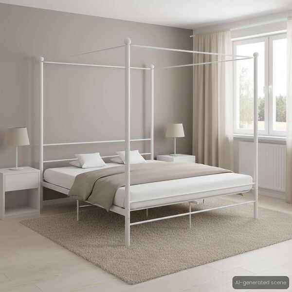 vidaXL Canopy Bed Frame without Mattress White Metal 180x200 cm Super King