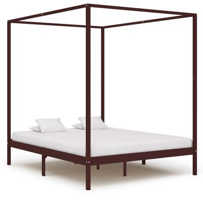 vidaXL Canopy Bed Frame Dark Brown Solid Pine Wood 160x200 cm
