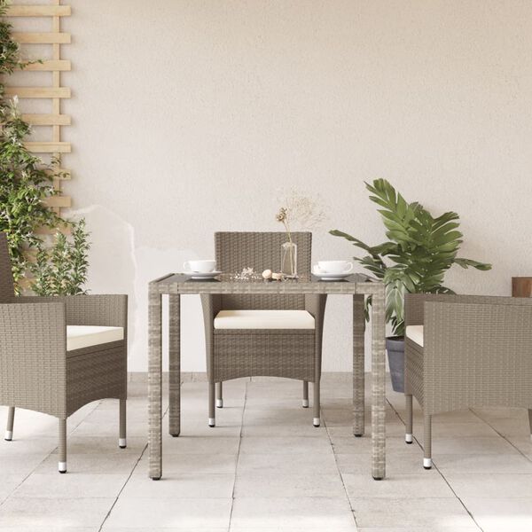 vidaXL Garden Table with Glass Top Light Grey 90x90x75 cm Poly Rattan