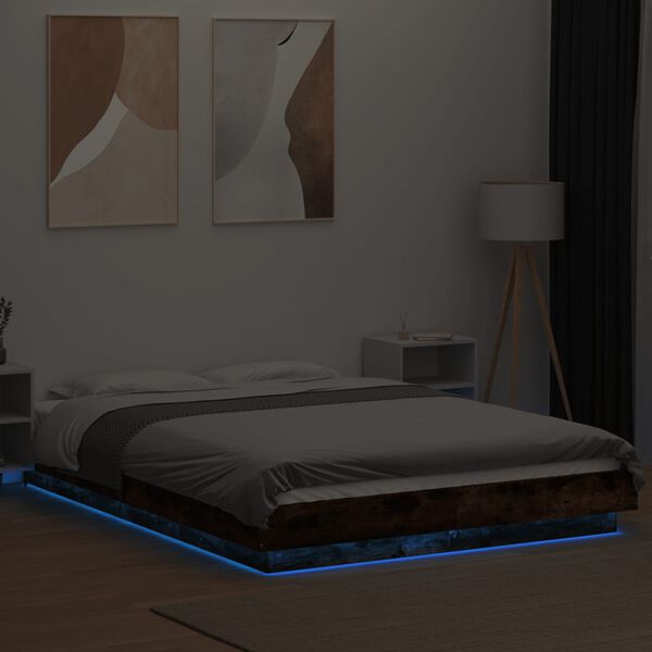 vidaXL Bed Frame with LED Lights without Mattress Smoked Oak 135x190cm