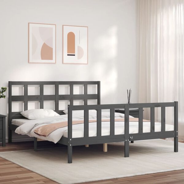 vidaXL Bed Frame without Mattress Grey King Size Solid Wood Pine