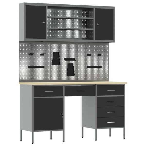 vidaXL Work Cabinet with Drawer 7 pcs Black 150 x 55 x 200 cm