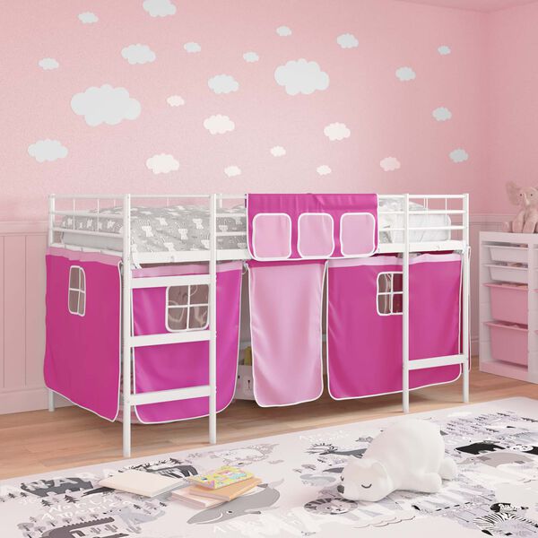 vidaXL Kids'Loft Bed Frame with Curtains White and Pink 90 x 201 cm