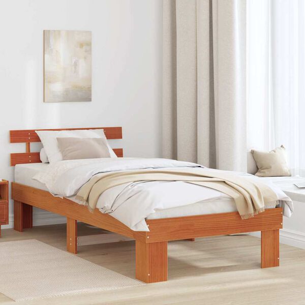 vidaXL Bed Frame with Headboard Wax Brown 90 x 190 cm Solid Pine Wood
