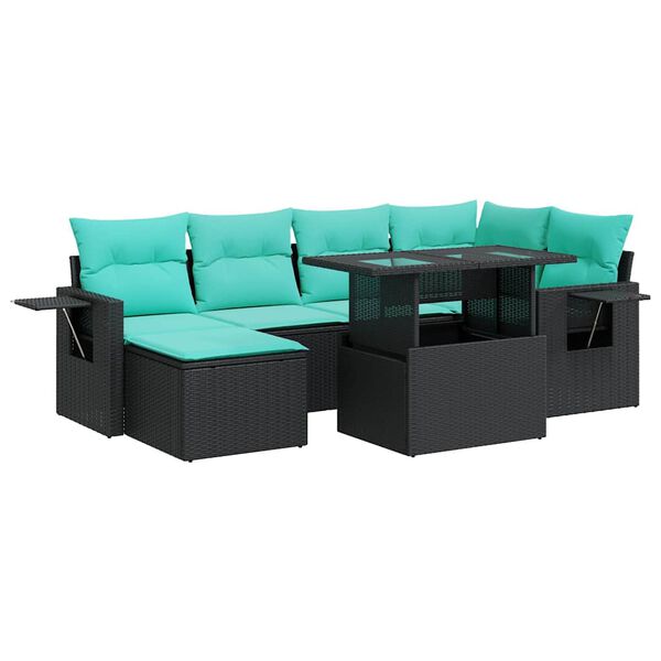 vidaXL 7 Piece Garden Sofa Set with Cushions Black Poly Rattan Acacia