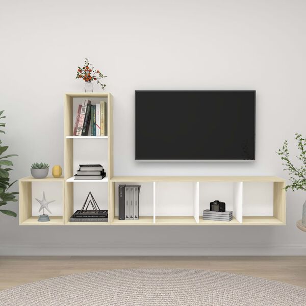 vidaXL 3 Piece TV Cabinet Set White and Sonoma Oak Engineered Wood