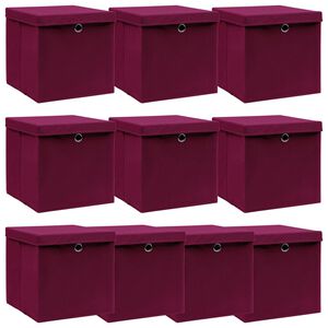 vidaXL Storage Boxes with Lids 10 pcs Dark Red 32x32x32 cm Fabric