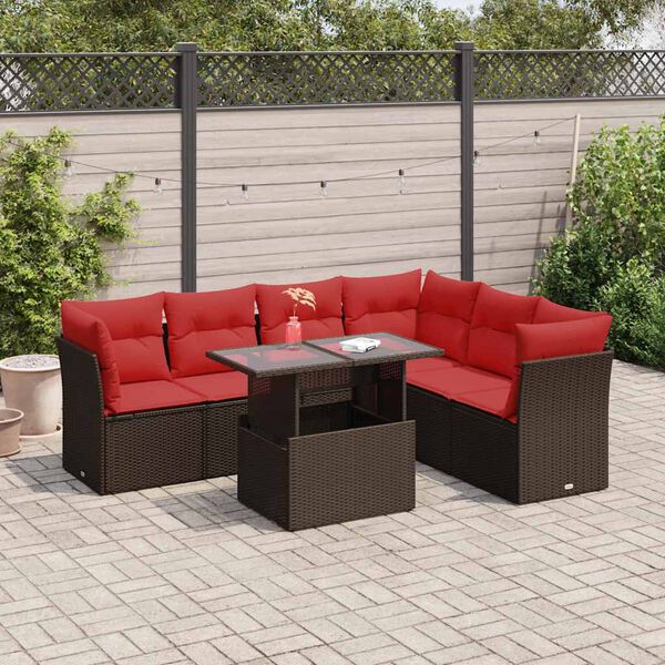 vidaXL 7 Piece Garden Sofa Set with Cushions Brown Poly Rattan Acacia
