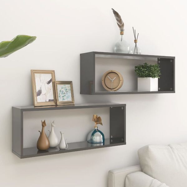 vidaXL Wall Cube Shelf 2 pcs High Gloss Grey 60x15x23 cm Engineered Wood