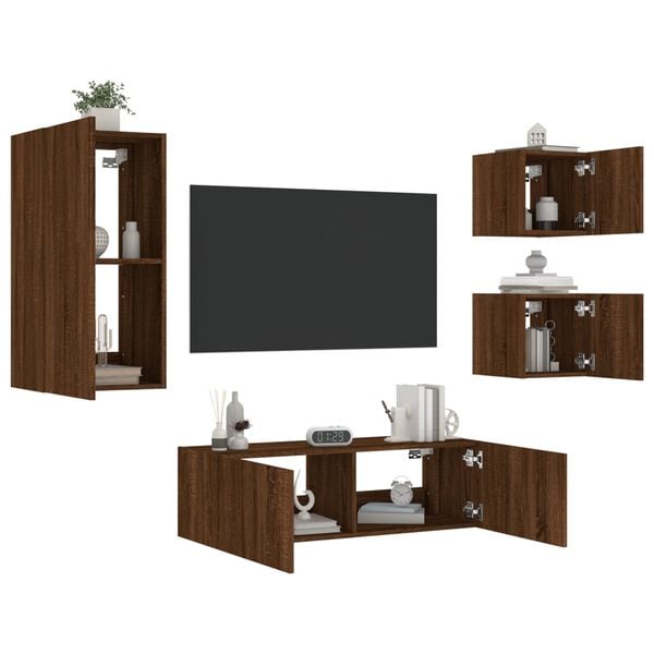 vidaXL 4 Piece TV Wall Cabinets with LED Lights Brown Oak