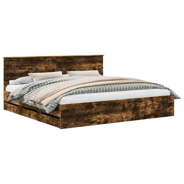 vidaXL Bed Frame with Drawer Smoked Oak 200 x 200 cm Engineer Wood