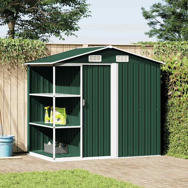 vidaXL Garden Shed with Rack Green 205x130x183 cm Iron