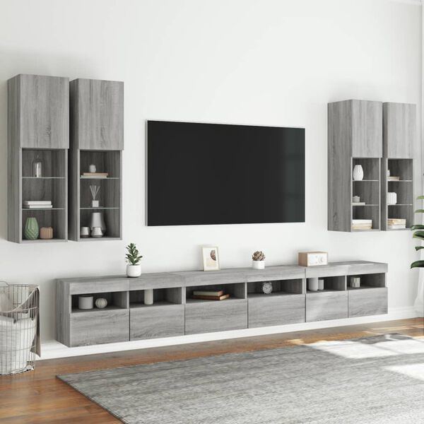 vidaXL 7 Piece TV Wall Cabinet Set with LED Lights Grey Sonoma
