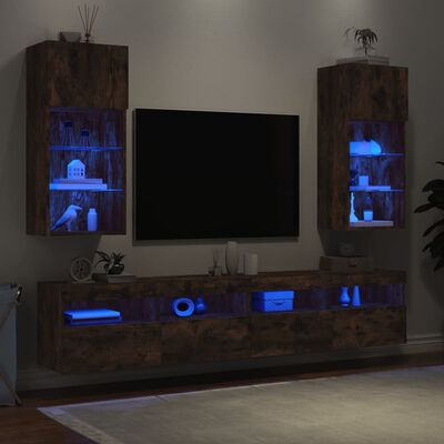 vidaXL TV Cabinets with LED Lights 2 pcs Smoked Oak 40.5x30x90 cm