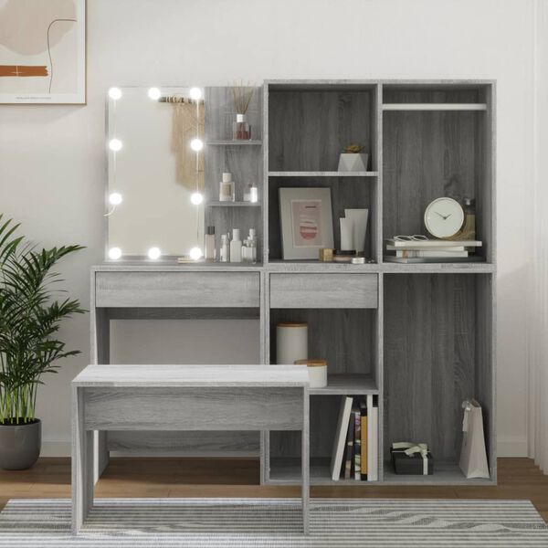 vidaXL Dressing Table Set with LED Grey Sonoma Engineered Wood