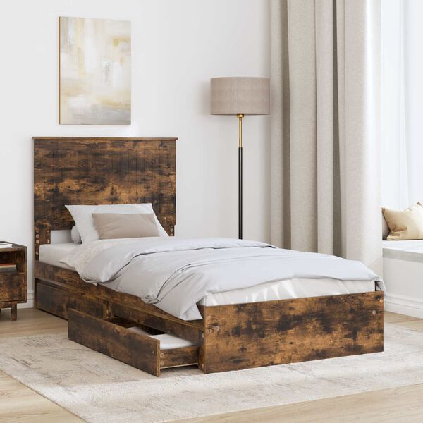 vidaXL Storage Bed with Drawer Smoked Oak 90 x 200 cm Engineered Wood
