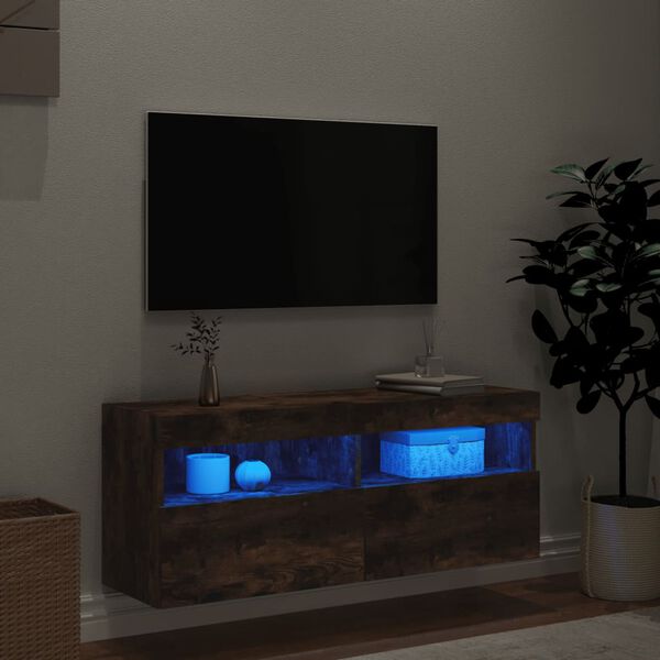 vidaXL TV Wall Cabinet with LED Lights Smoked Oak 100x30x40 cm