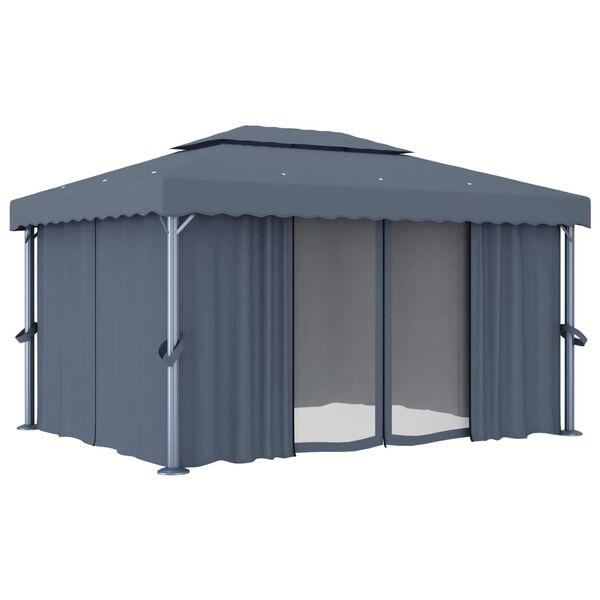 vidaXL Gazebo with Curtain&LED String Lights 4x3 m Anthracite
