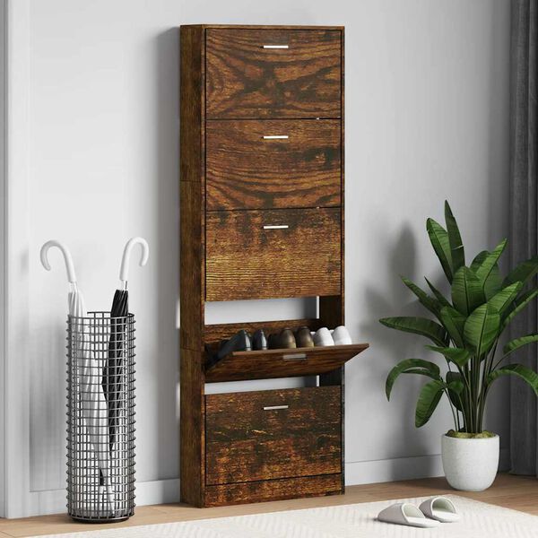 vidaXL Shoe Cabinet Smoked Oak 59x17x169 cm Engineered Wood