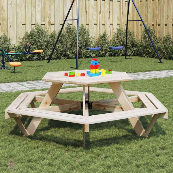 vidaXL Picnic Table for 6 Kids with Benches Hexagon Solid Wood Fir