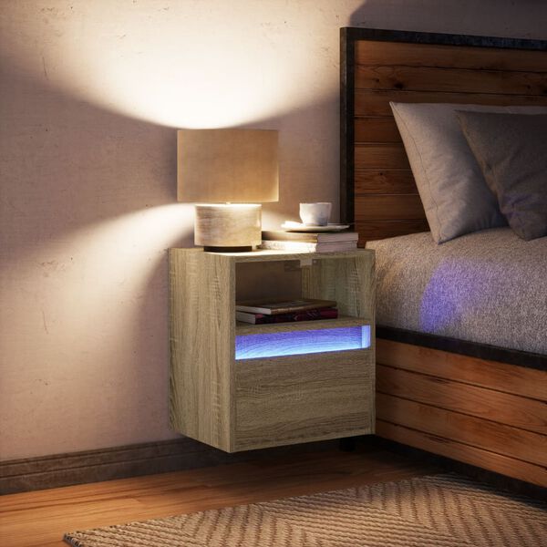 vidaXL Wall-mounted Bedside Cabinet with LED Lights Sonoma Oak