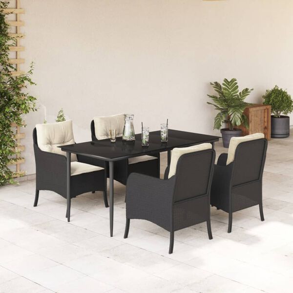 vidaXL 5 Piece Garden Dining Set with Cushions Black Poly Rattan