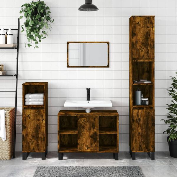 vidaXL 3 Piece Bathroom Furniture Set Smoked Oak Engineered Wood