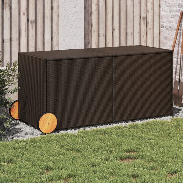 vidaXL Garden Storage Box with Wheels Brown 283L Poly Rattan