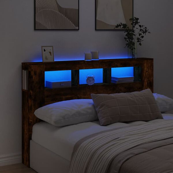 vidaXL LED Headboard Smoked Oak 160x18.5x103.5 cm Engineered Wood