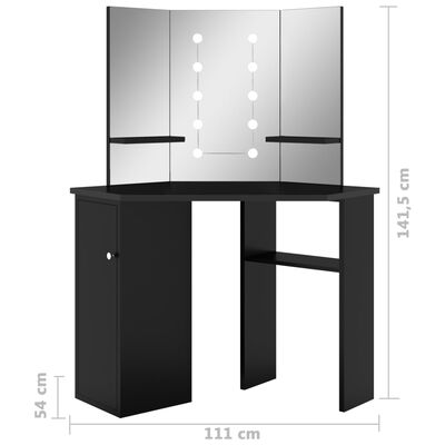 vidaXL Corner Dressing Table with LED Black 111x54x141.5 cm