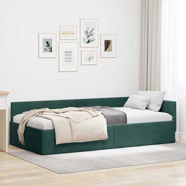 vidaXL Corner Bed Frame Dark Green 90 cm x 190 cm Velvet