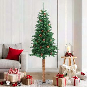 vidaXL Slim Christmas Tree with Real Wood and Cones Green 180 cm PVC