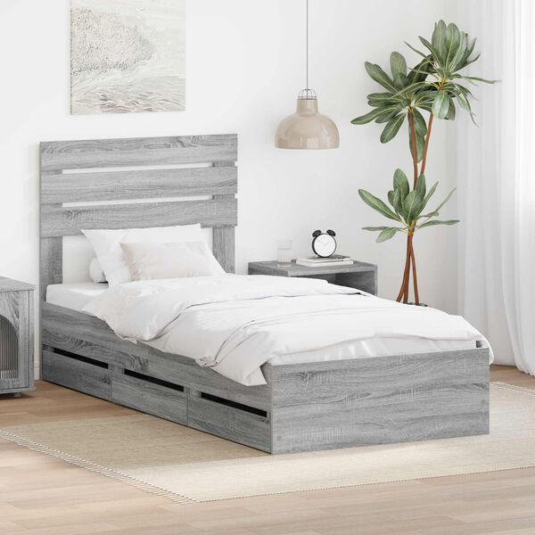 vidaXL Bed Frame with Drawer Grey Sonoma 90 x 200 cm Engineer Wood