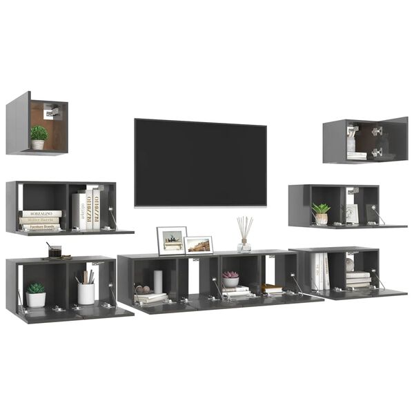 vidaXL 8 Piece TV Cabinet Set High Gloss Grey Engineered Wood