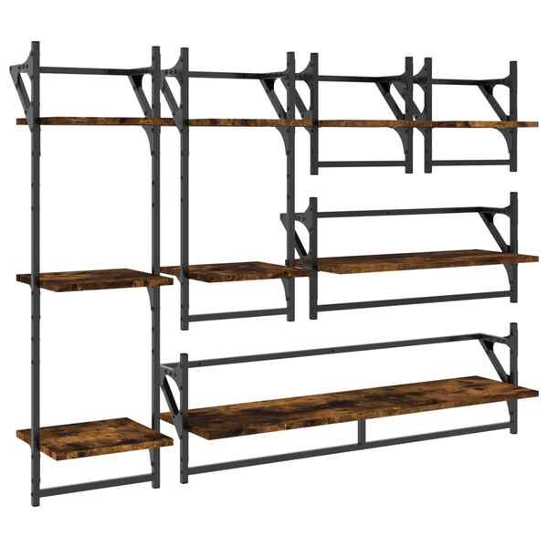vidaXL 6 Piece Wall Shelf Set with Bars Smoked Oak Engineered Wood