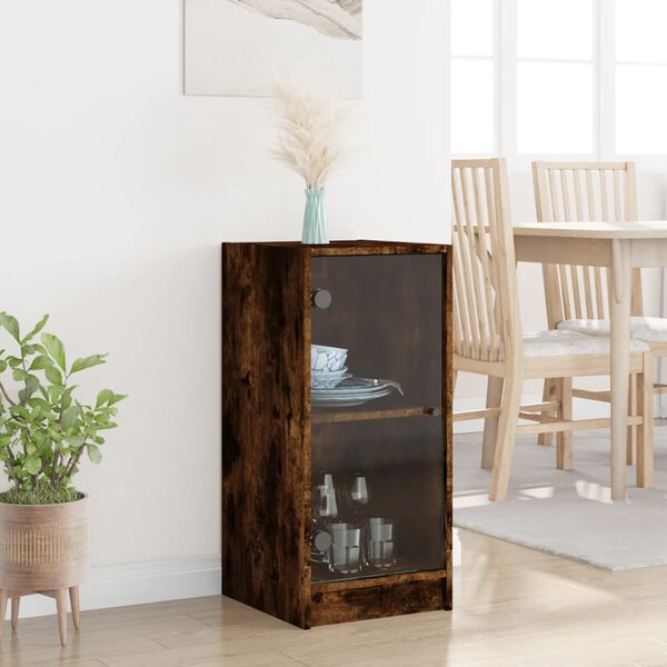 vidaXL Side Cabinet with Glass Doors Smoked Oak 35x37x75.5 cm
