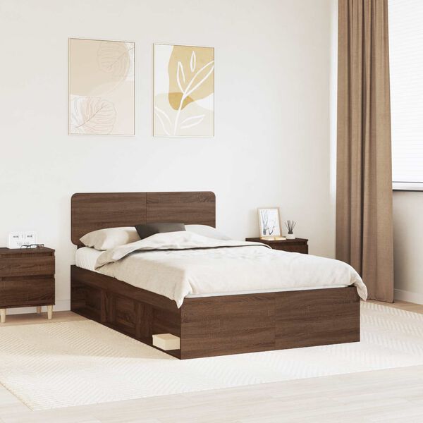 vidaXL Bed Frame with Headboard Brown Oak 120 x 190 cm Solid Pine Wood