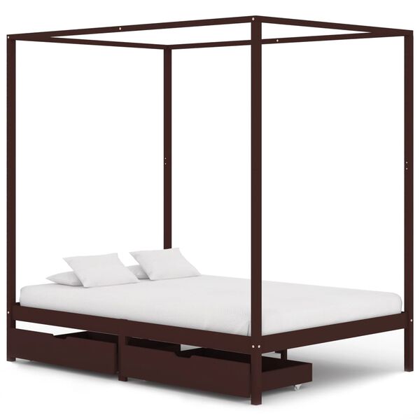 vidaXL Canopy Bed Frame without Mattress Dark Brown Pine Wood 140x200 cm (283271+321988)